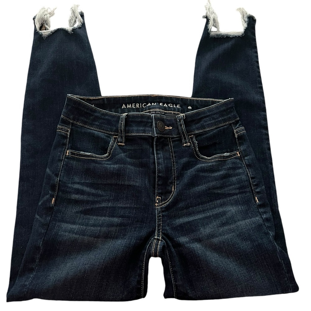 American Eagle Dark Wash Distressed Hem High Rise Jegging